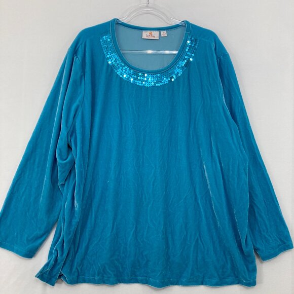 Quacker Factory size 3X Blue Velvet Sequins Crew Neck Stretch Comfy Top Festival - Picture 1 of 10